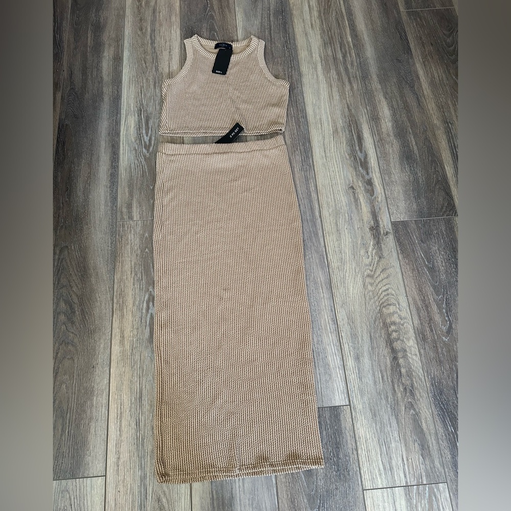 Elegant Tan Knit Skirt and crop top set 
By 2 Saints